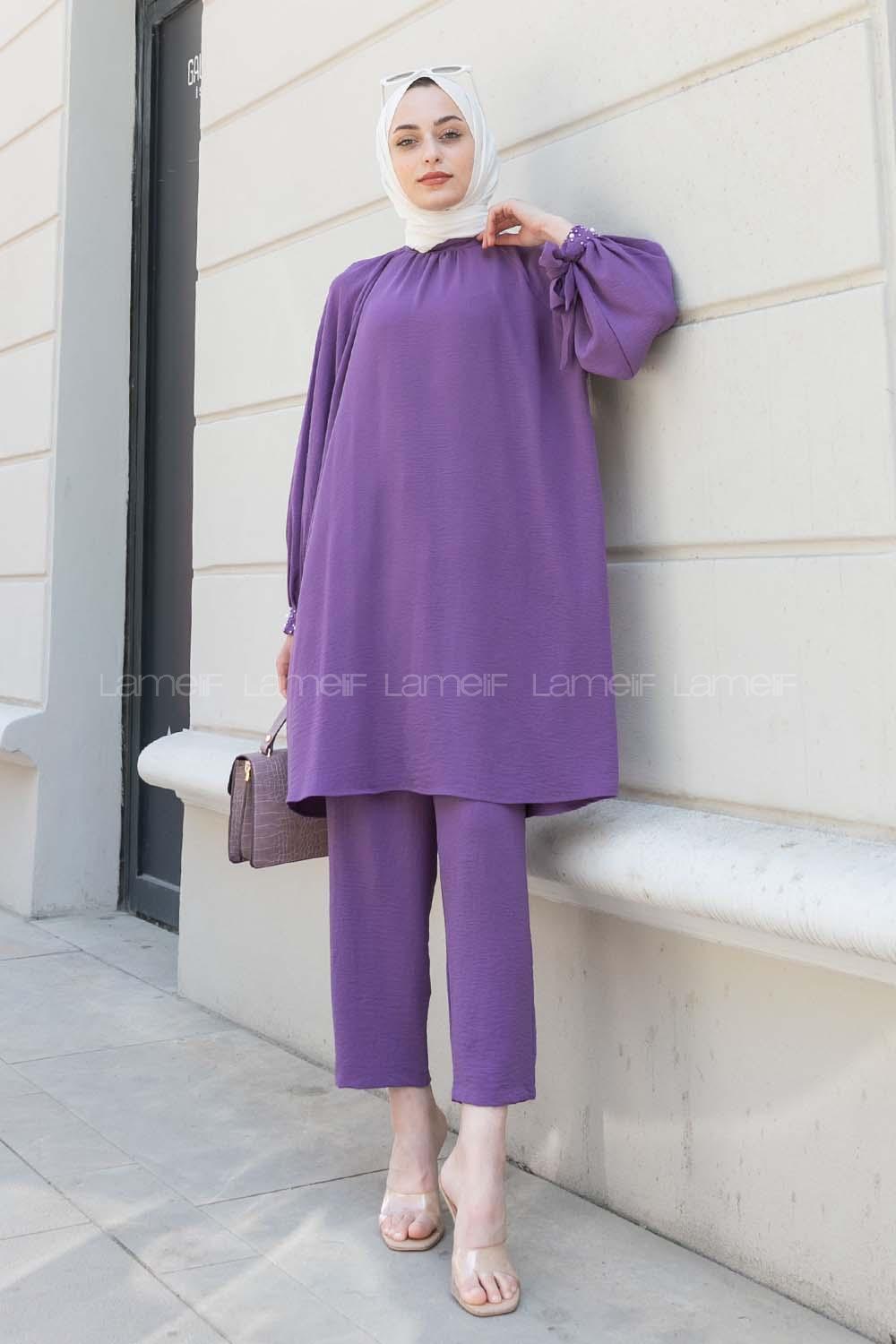 Purble Mandarin Collar Reglan Sleeveless Arm Beaded Cotton Regular Trousers Comfortable Suit