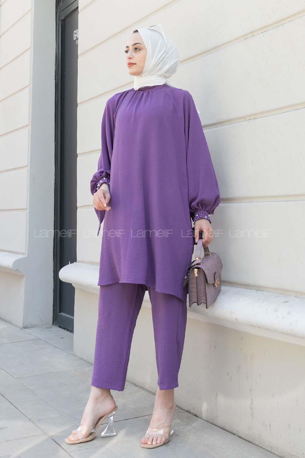 Purble Mandarin Collar Reglan Sleeveless Arm Beaded Cotton Regular Trousers Comfortable Suit