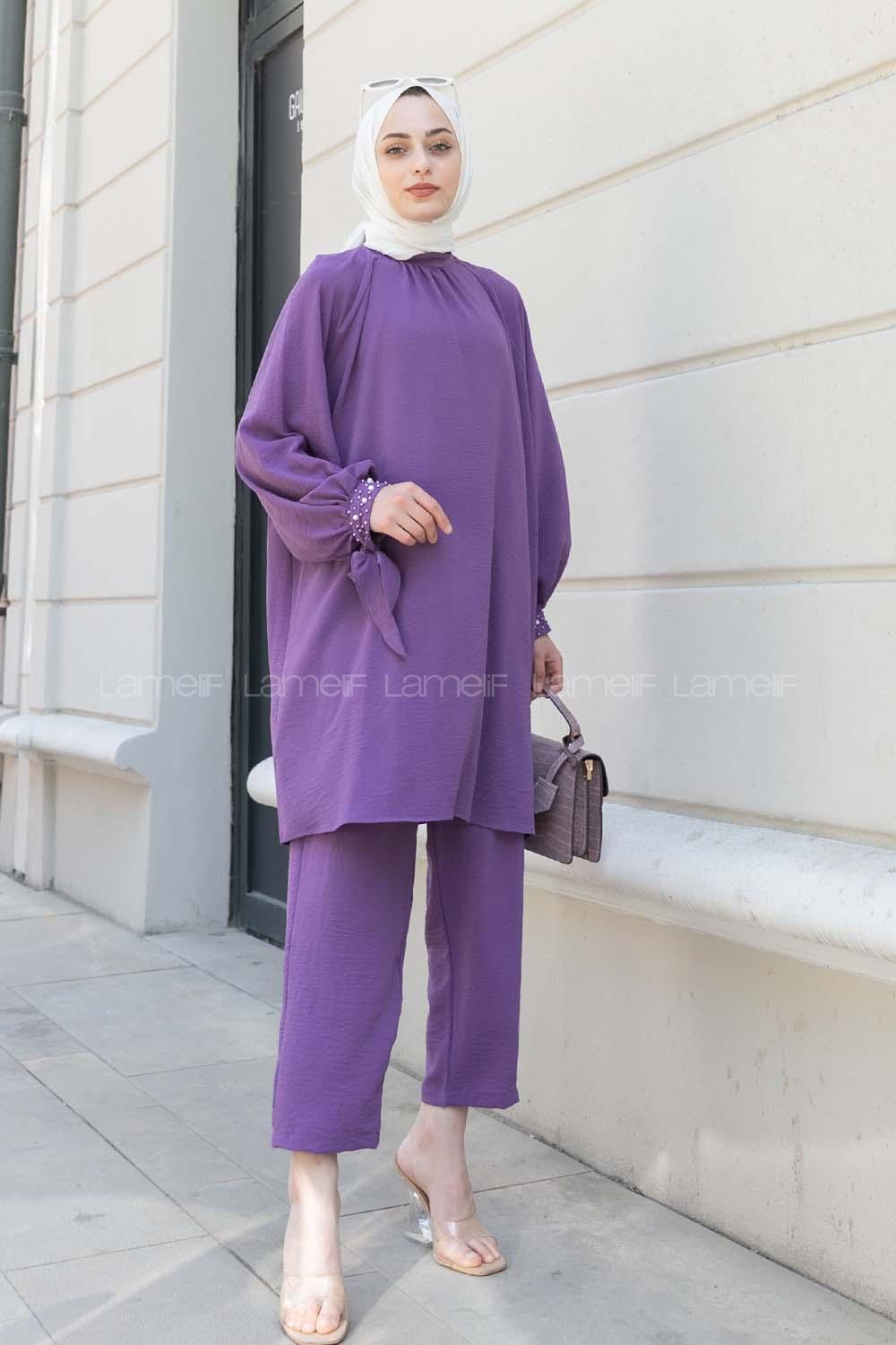 Purble Mandarin Collar Reglan Sleeveless Arm Beaded Cotton Regular Trousers Comfortable Suit