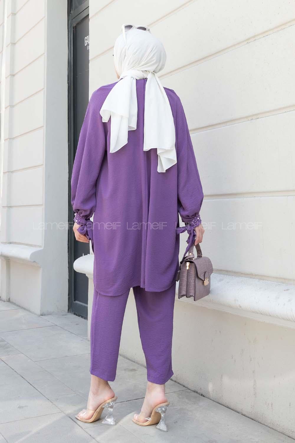 Purble Mandarin Collar Reglan Sleeveless Arm Beaded Cotton Regular Trousers Comfortable Suit
