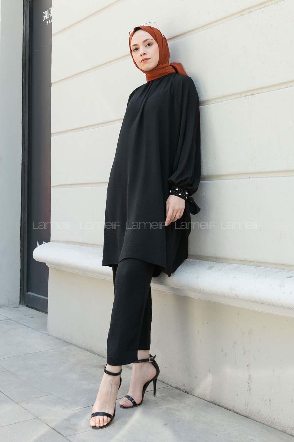 Black Mandarin Collar Reglan Sleeveless Arm Beaded Cotton Regular Trousers Comfortable Suit