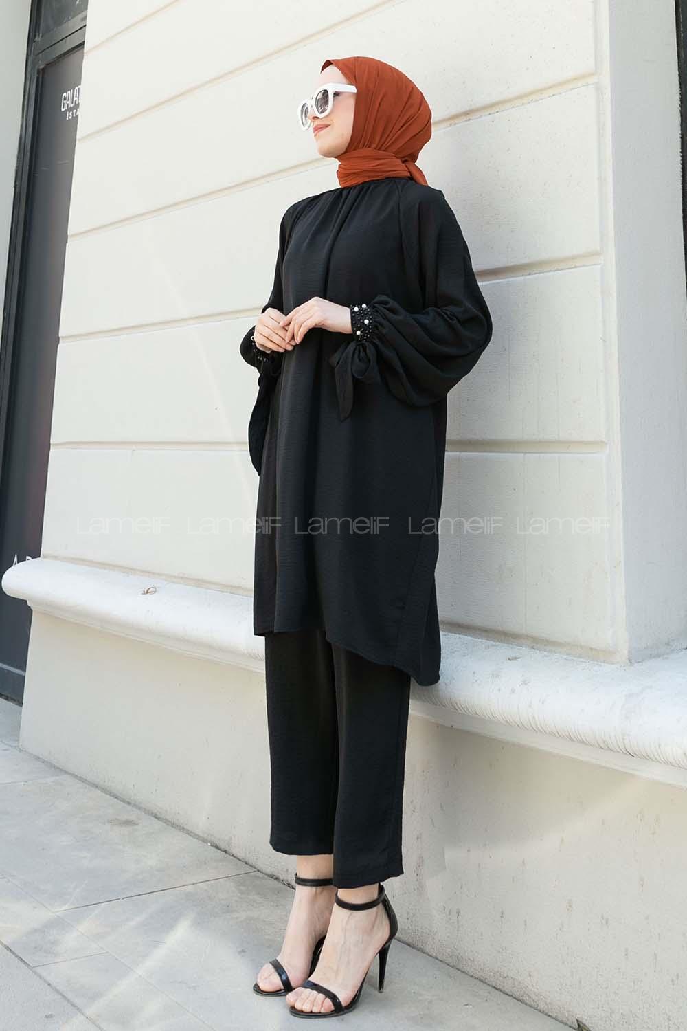 Black Mandarin Collar Reglan Sleeveless Arm Beaded Cotton Regular Trousers Comfortable Suit