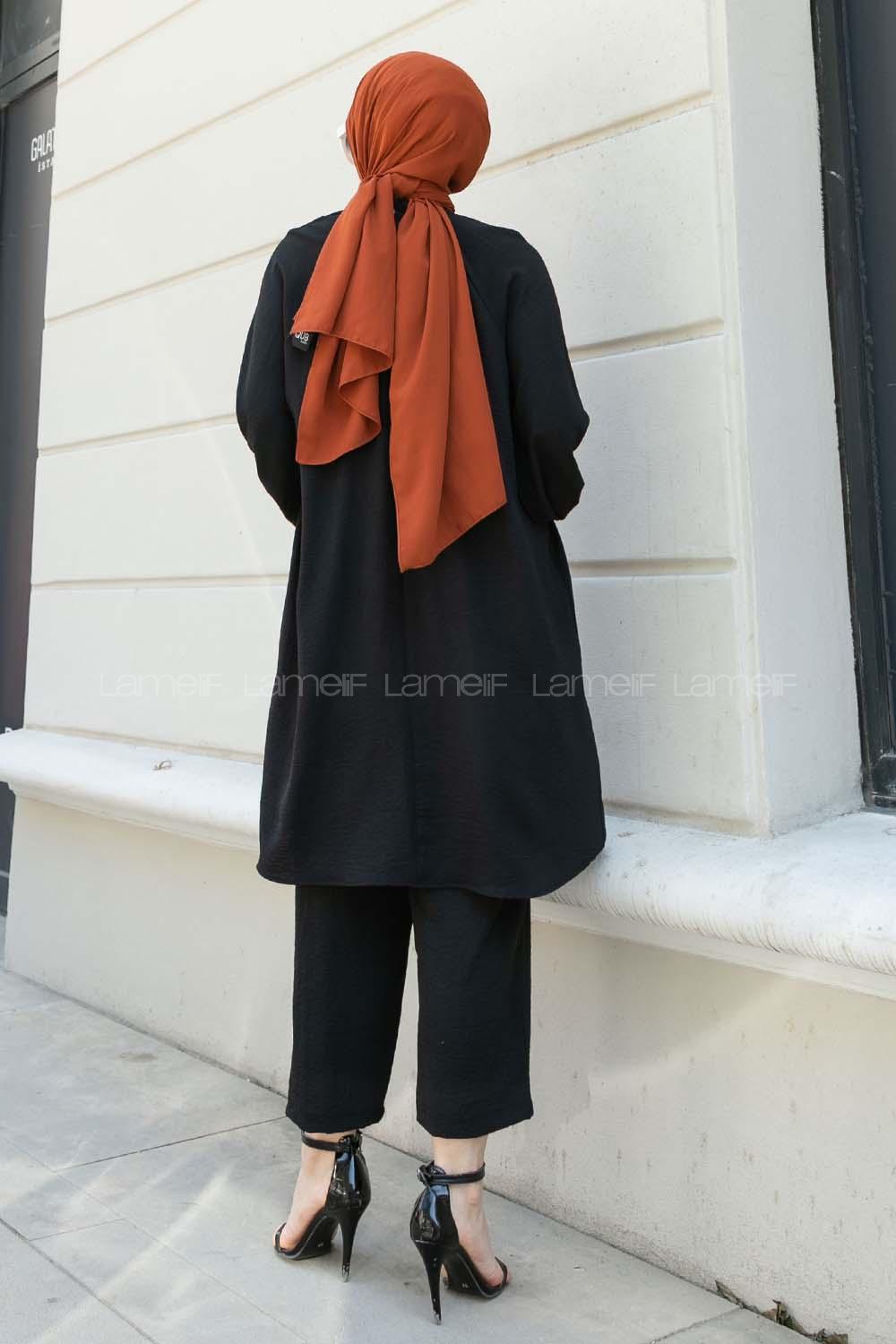 Black Mandarin Collar Reglan Sleeveless Arm Beaded Cotton Regular Trousers Comfortable Suit