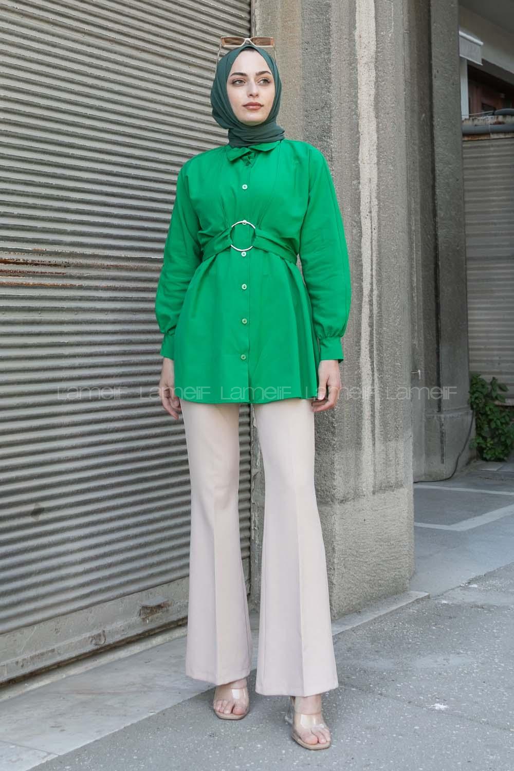 Green Shirt Collar Poplin Fabric Unprinted Tunic