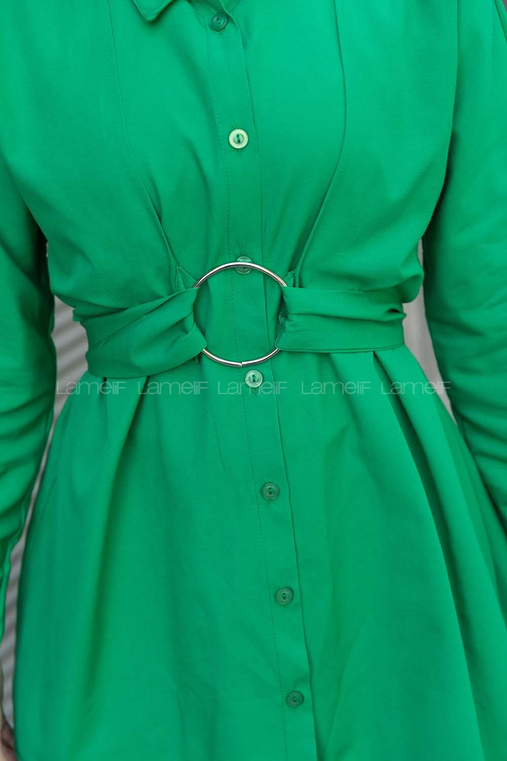 Green Shirt Collar Poplin Fabric Unprinted Tunic