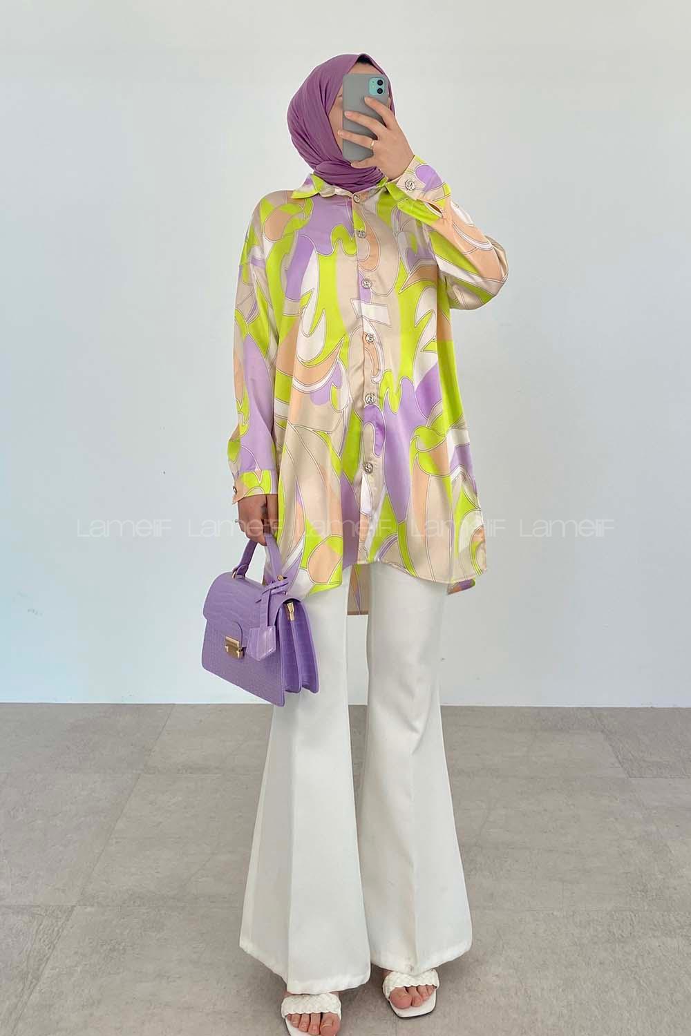 Lilac Shirt Collar Long Arm Cotton Fabric Printed Shirt