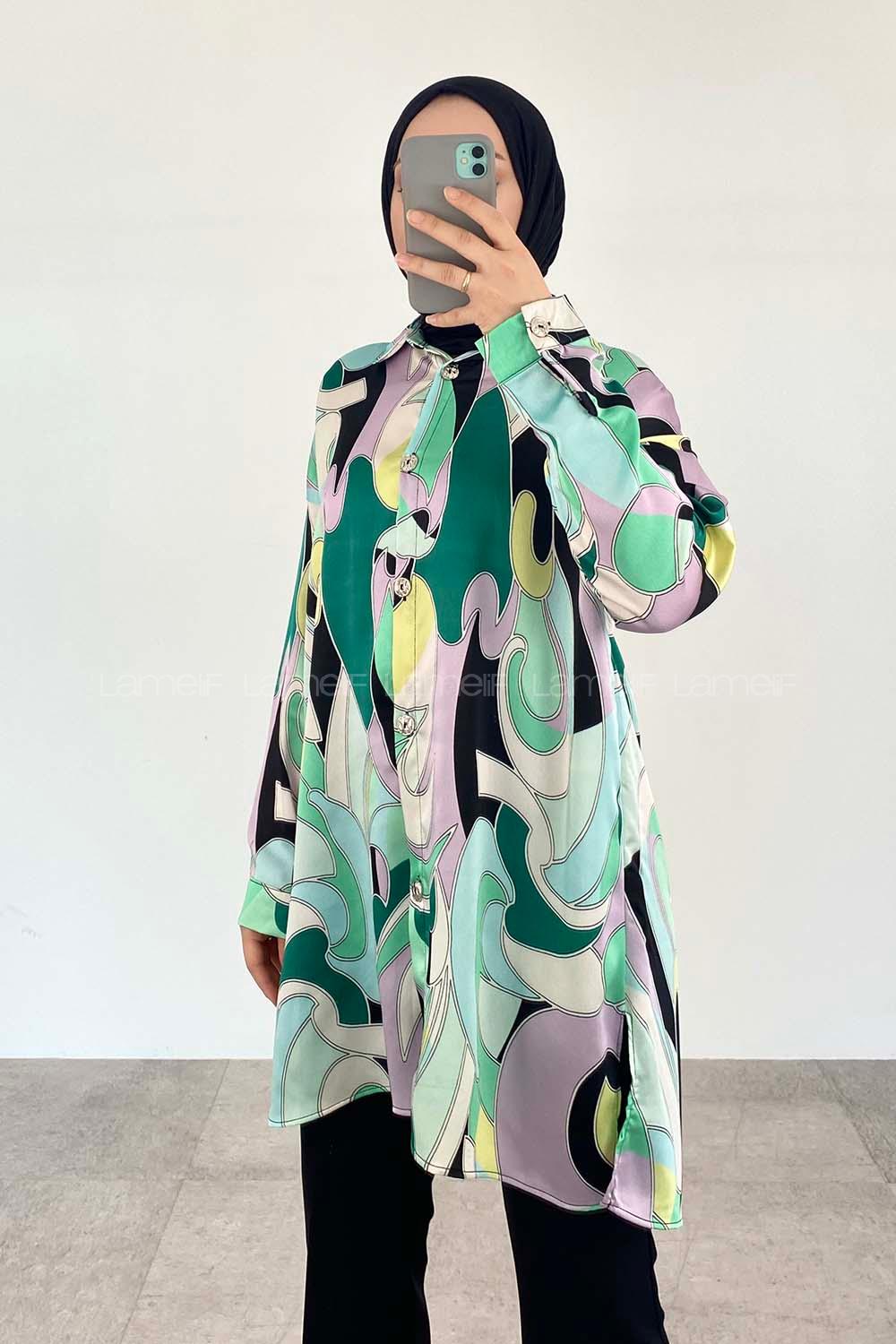 Emerald Green Shirt Collar Long Arm Cotton Fabric Printed Shirt