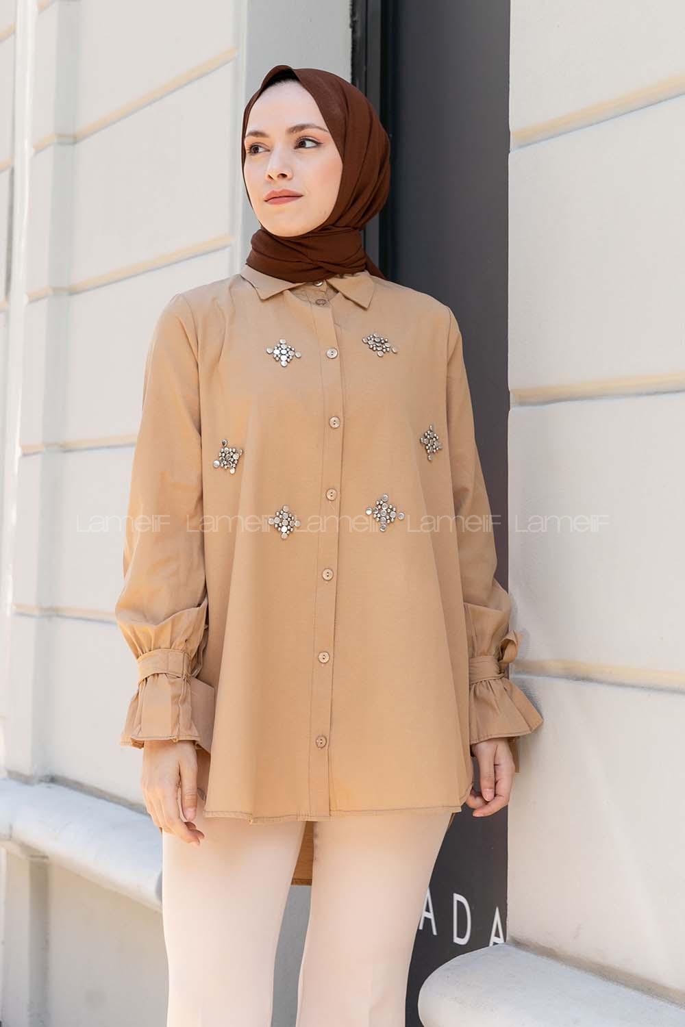 Camel Shirt Collar Long Arm Poplin Fabric Unprinted Shirt