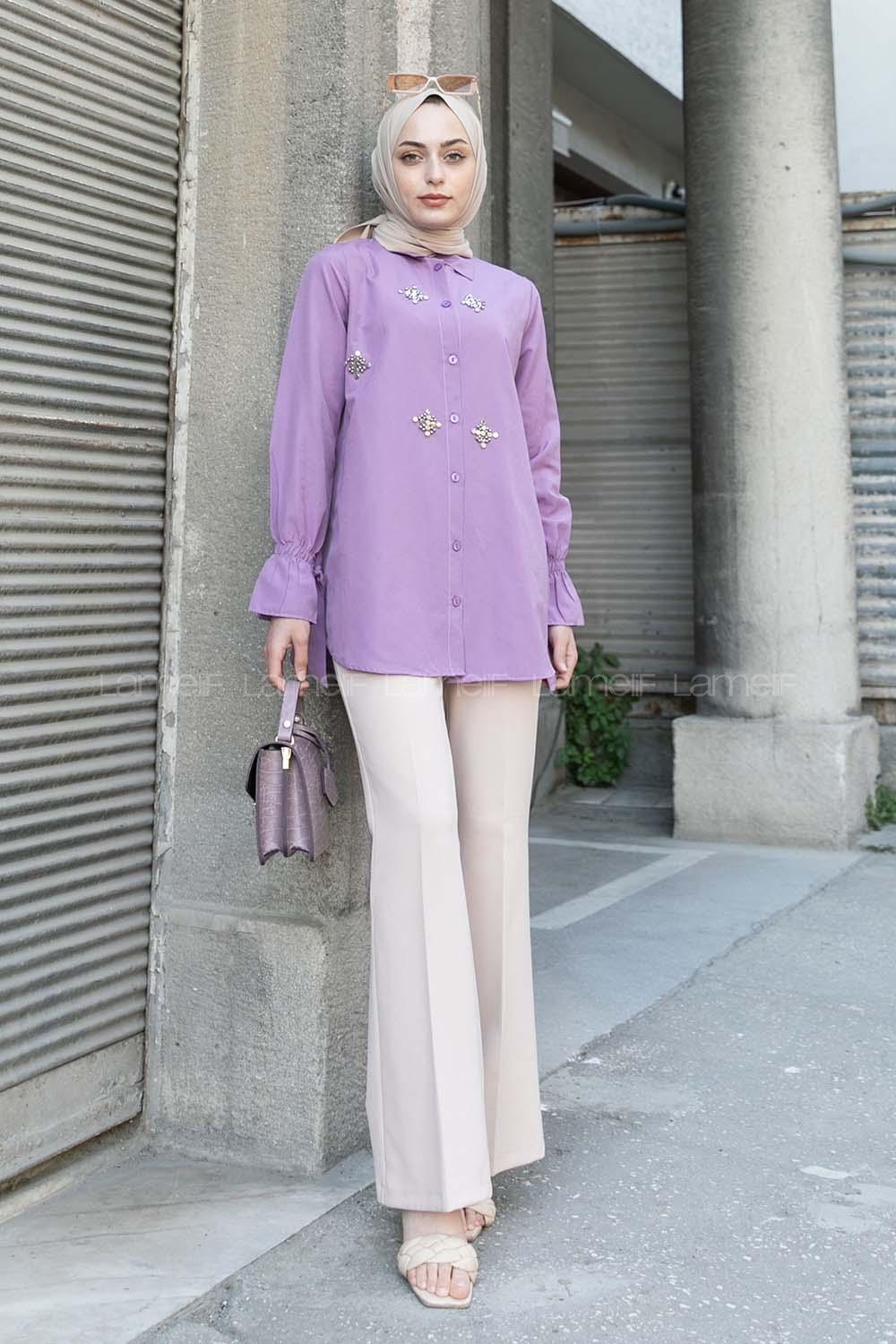 Lilac Shirt Collar Long Arm Poplin Fabric Unprinted Shirt