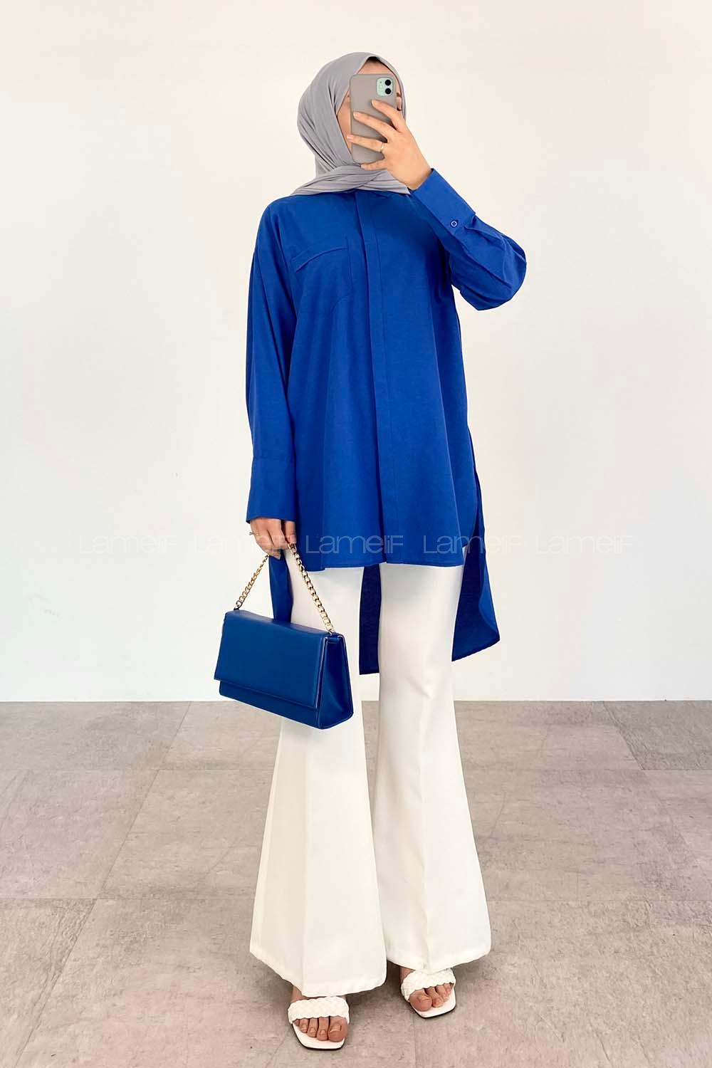 Indigo Shirt Collar Long Arm Cotton Fabric Unprinted Shirt