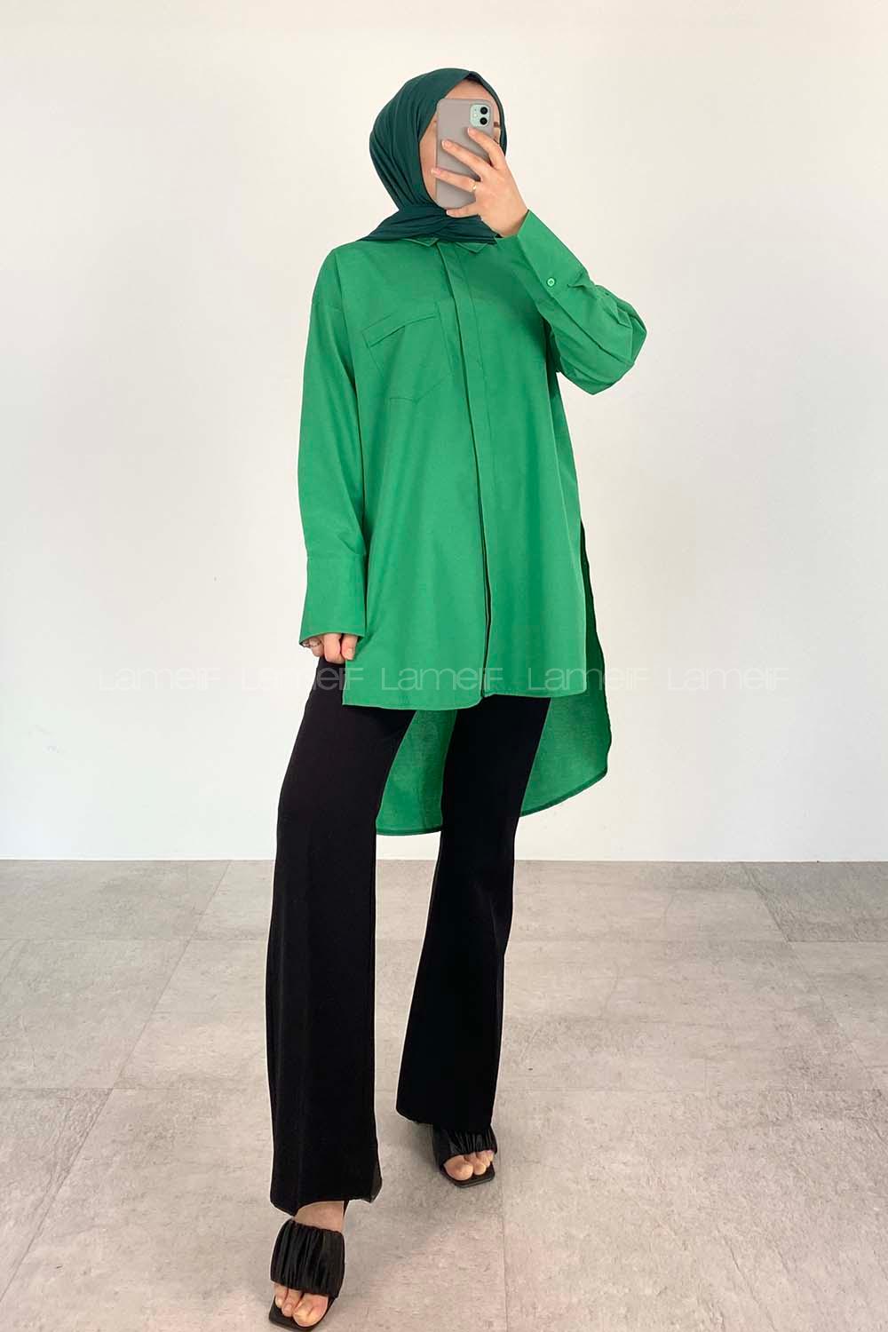 Green Shirt Collar Long Arm Cotton Fabric Unprinted Shirt