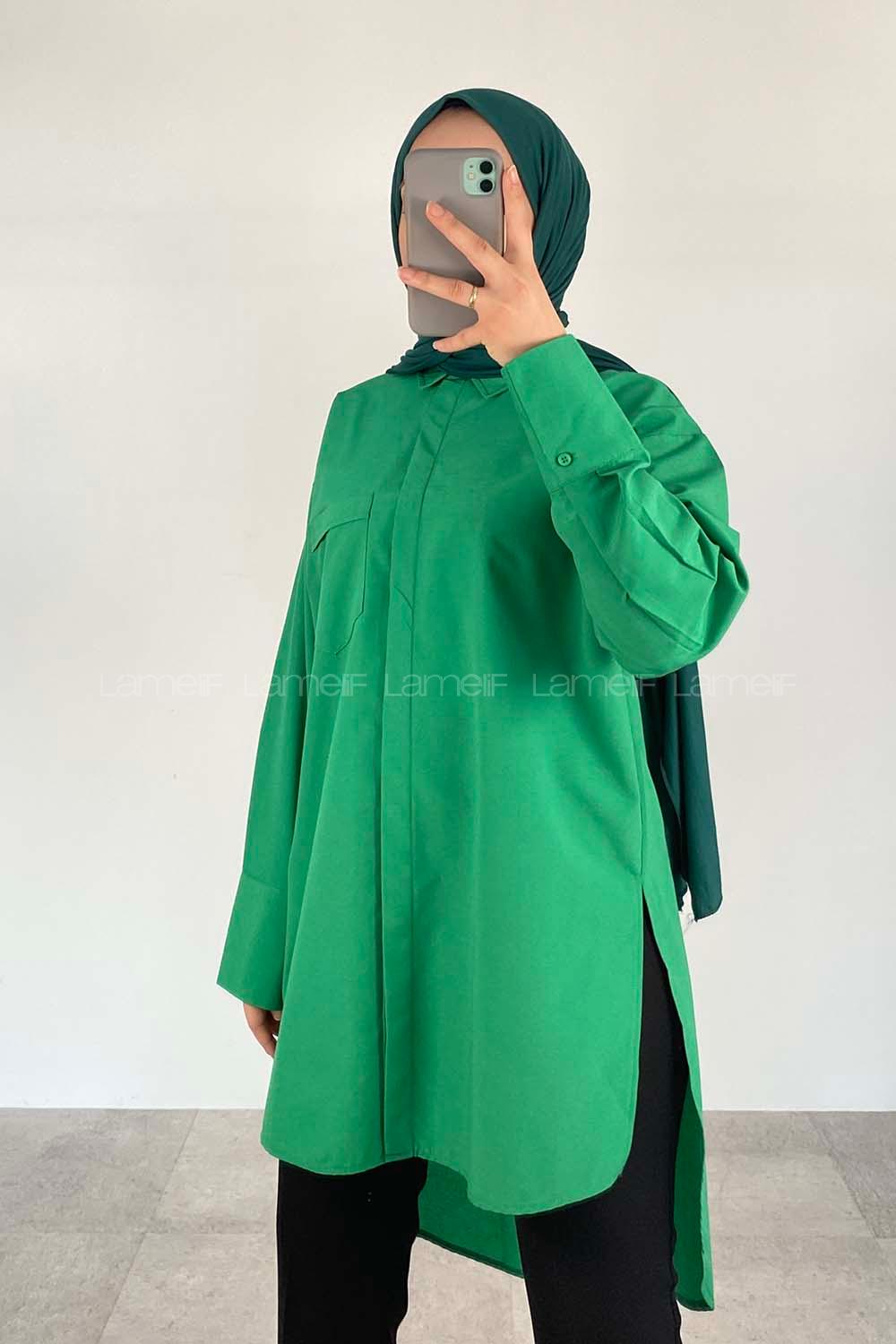 Green Shirt Collar Long Arm Cotton Fabric Unprinted Shirt