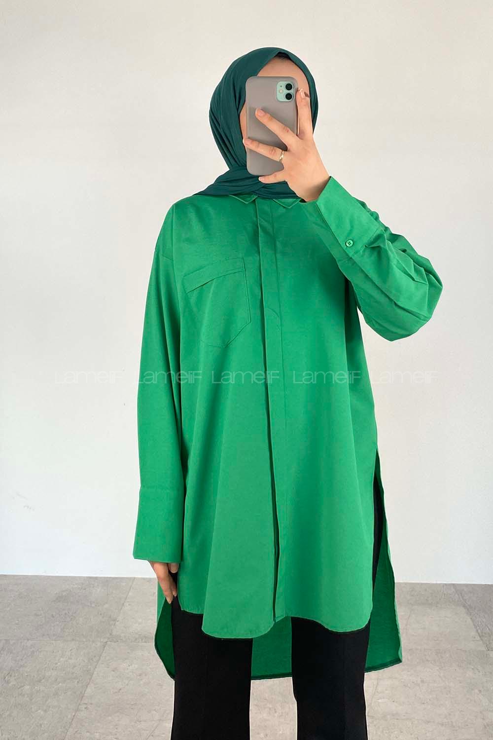 Green Shirt Collar Long Arm Cotton Fabric Unprinted Shirt
