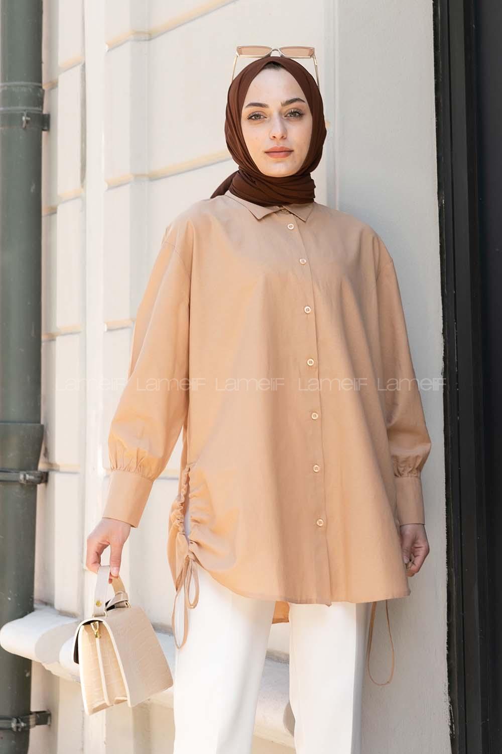 Brown With Milk Shirt Collar Long Arm Linen Unprinted Shirt