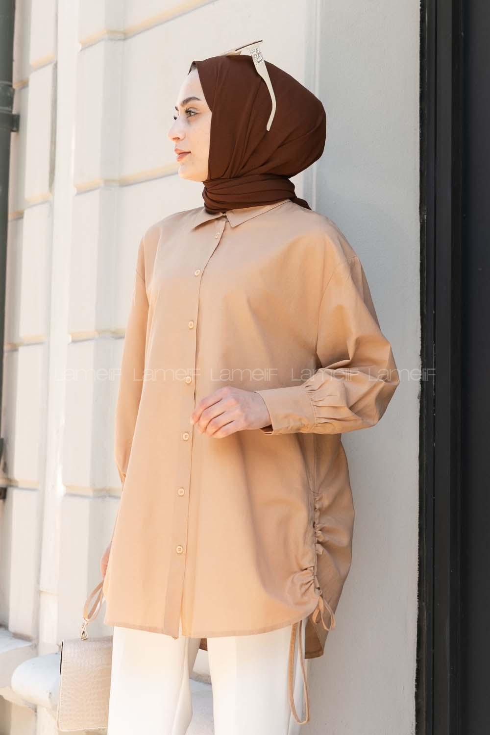 Brown With Milk Shirt Collar Long Arm Linen Unprinted Shirt