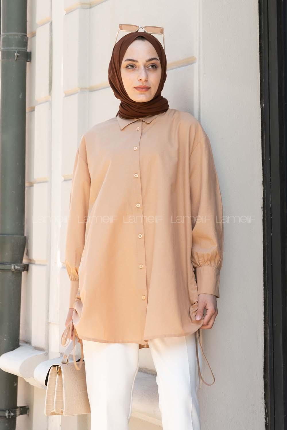 Brown With Milk Shirt Collar Long Arm Linen Unprinted Shirt