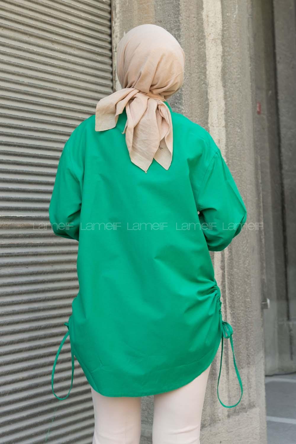 Green Shirt Collar Long Arm Linen Unprinted Shirt