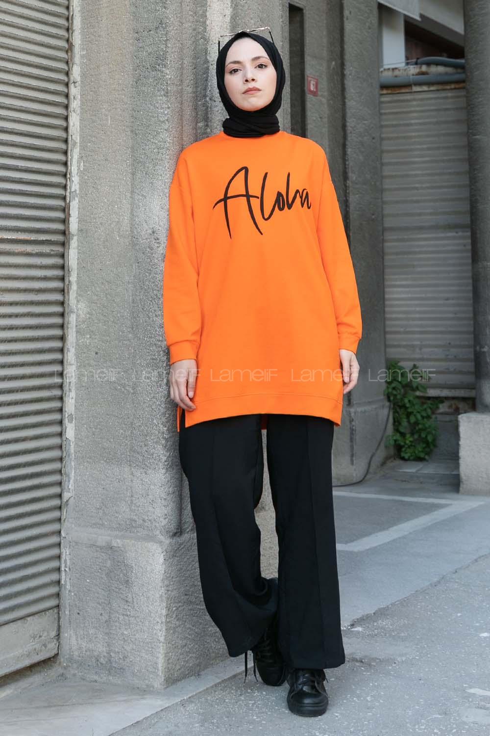 Orange Crew Neck Long Arm Printed Sweatshirt