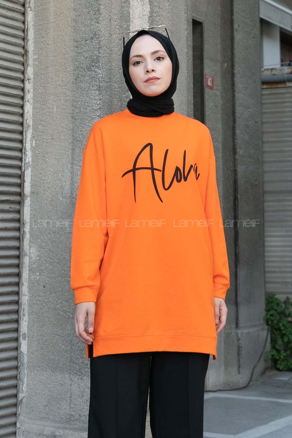 Orange Crew Neck Long Arm Printed Sweatshirt