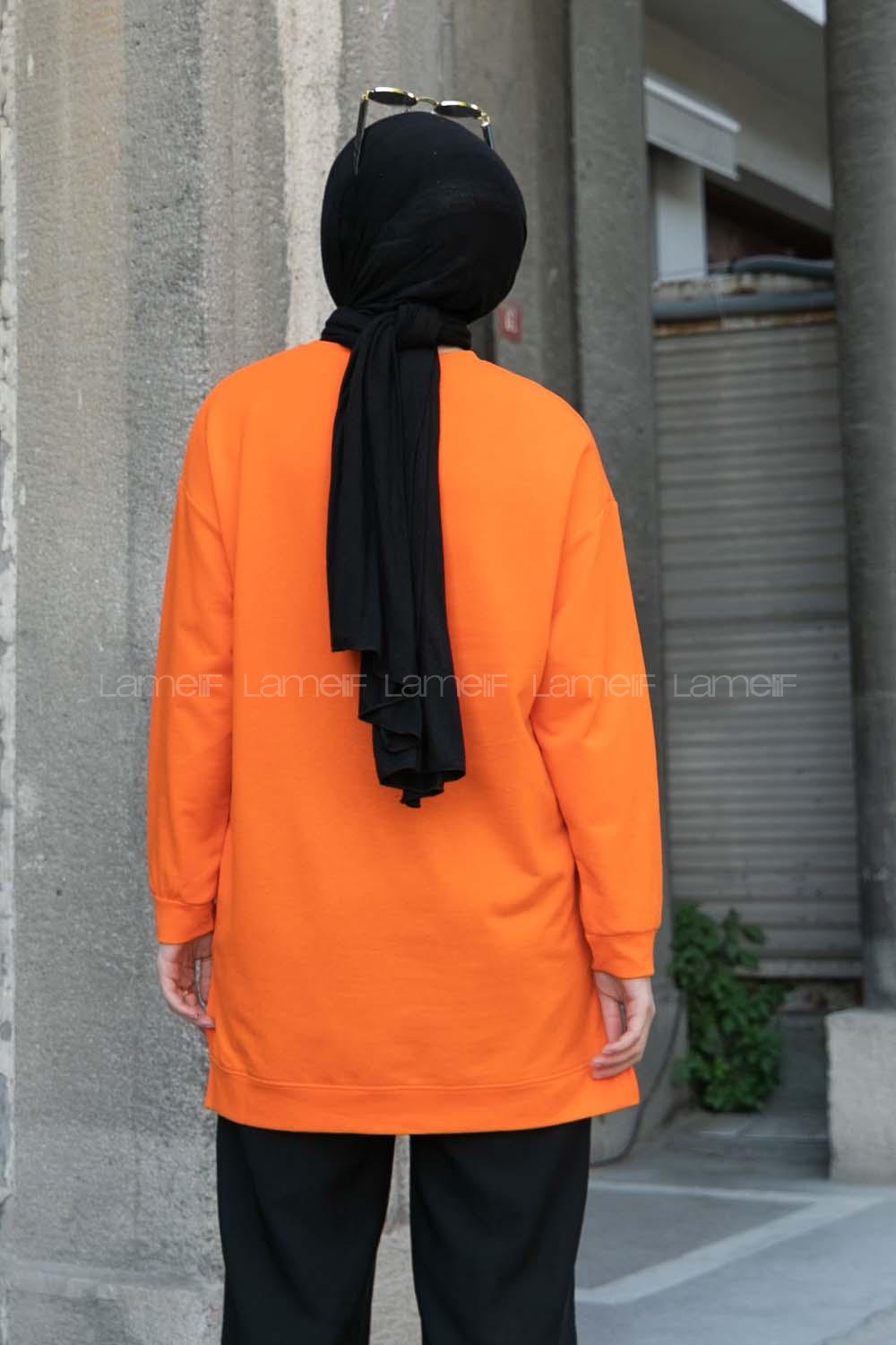 Orange Crew Neck Long Arm Printed Sweatshirt