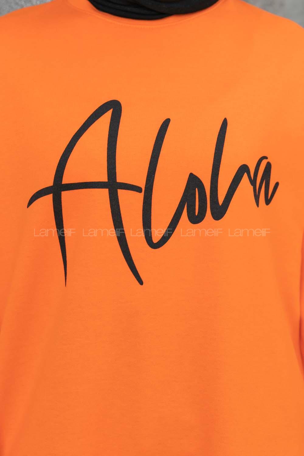 Orange Crew Neck Long Arm Printed Sweatshirt