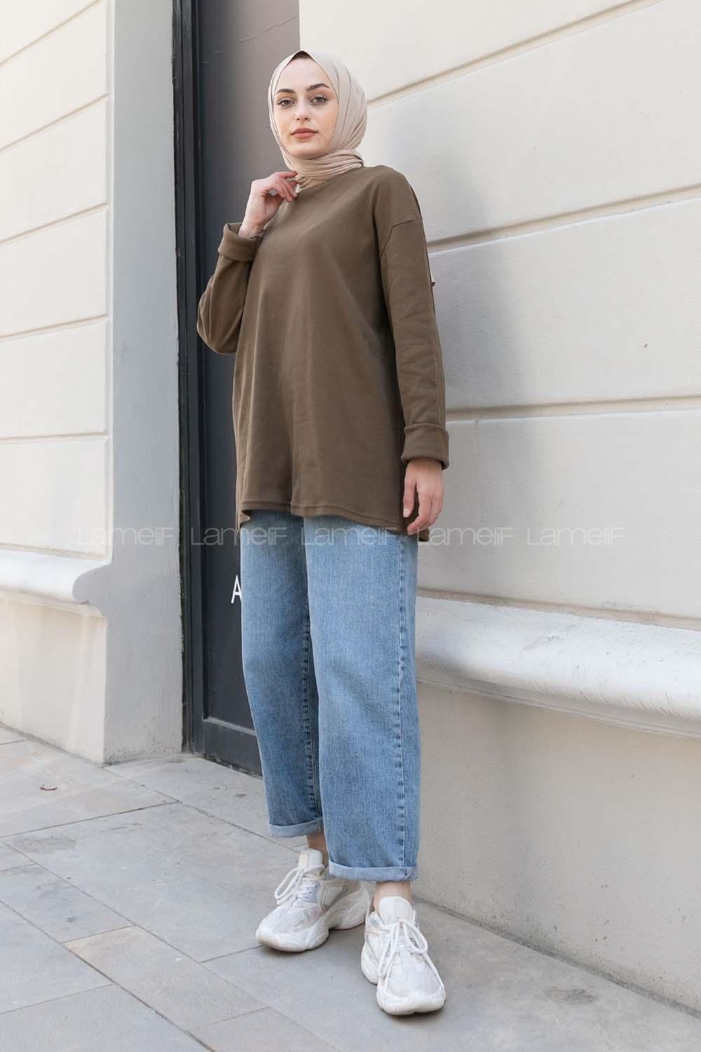 Soft Brown Crew Neck Long Arm Unprinted Sweatshirt