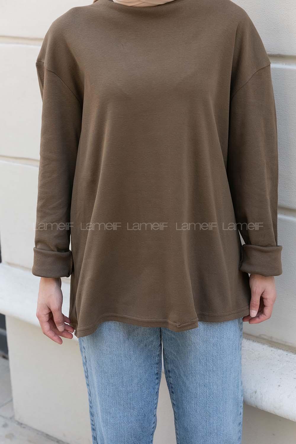Soft Brown Crew Neck Long Arm Unprinted Sweatshirt