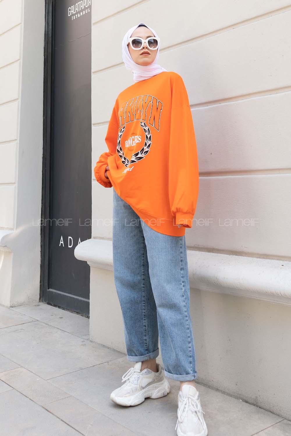 Orange Crew Neck Long Arm Printed Sweatshirt