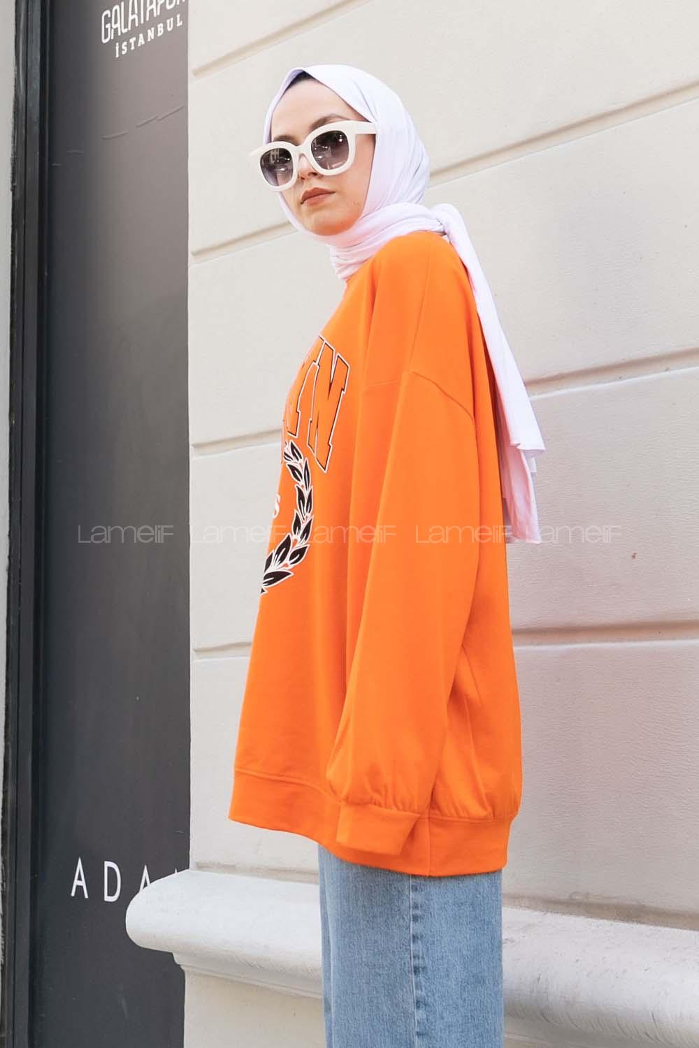 Orange Crew Neck Long Arm Printed Sweatshirt