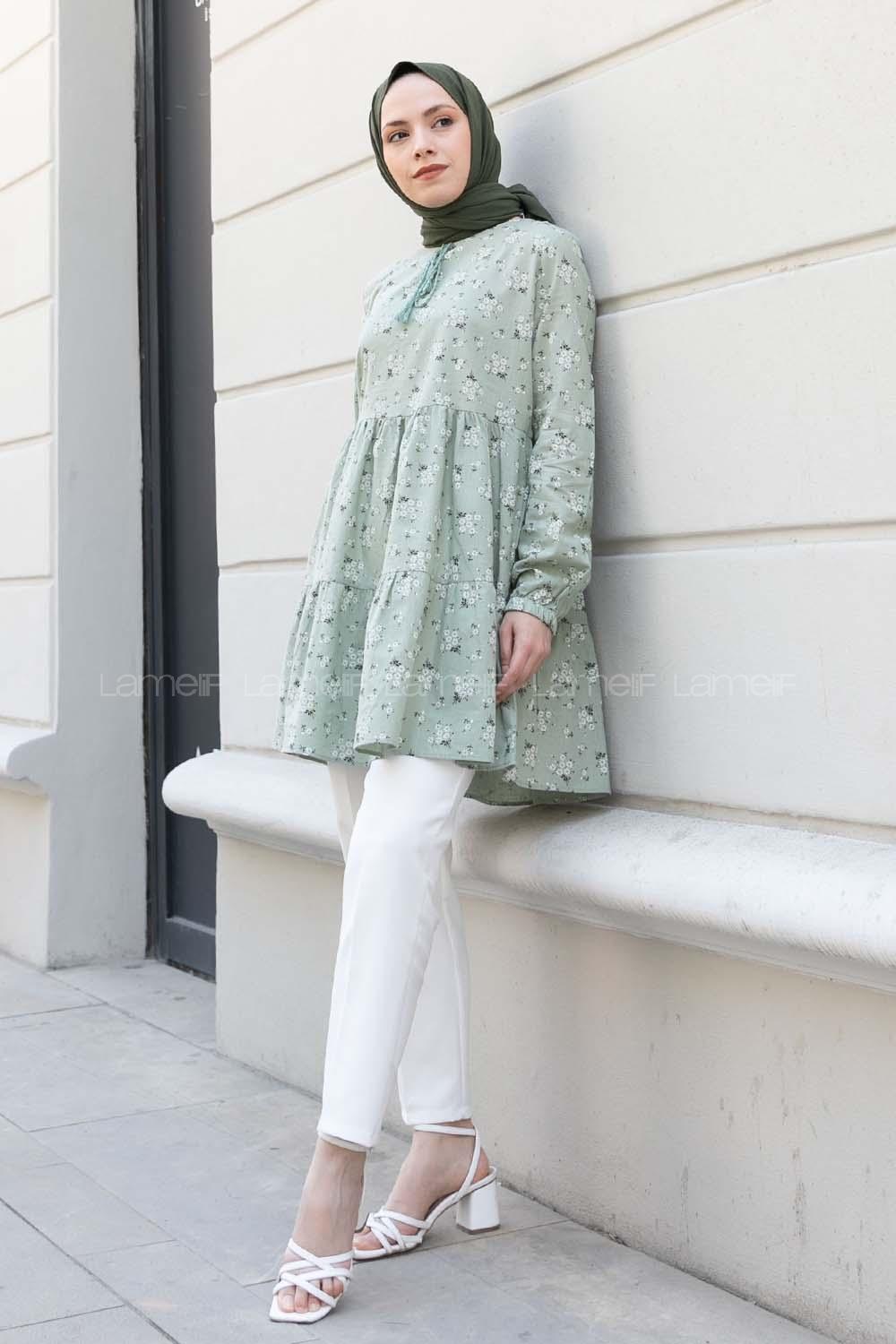 Mint Green Crew Neck Cotton Printed Tunic