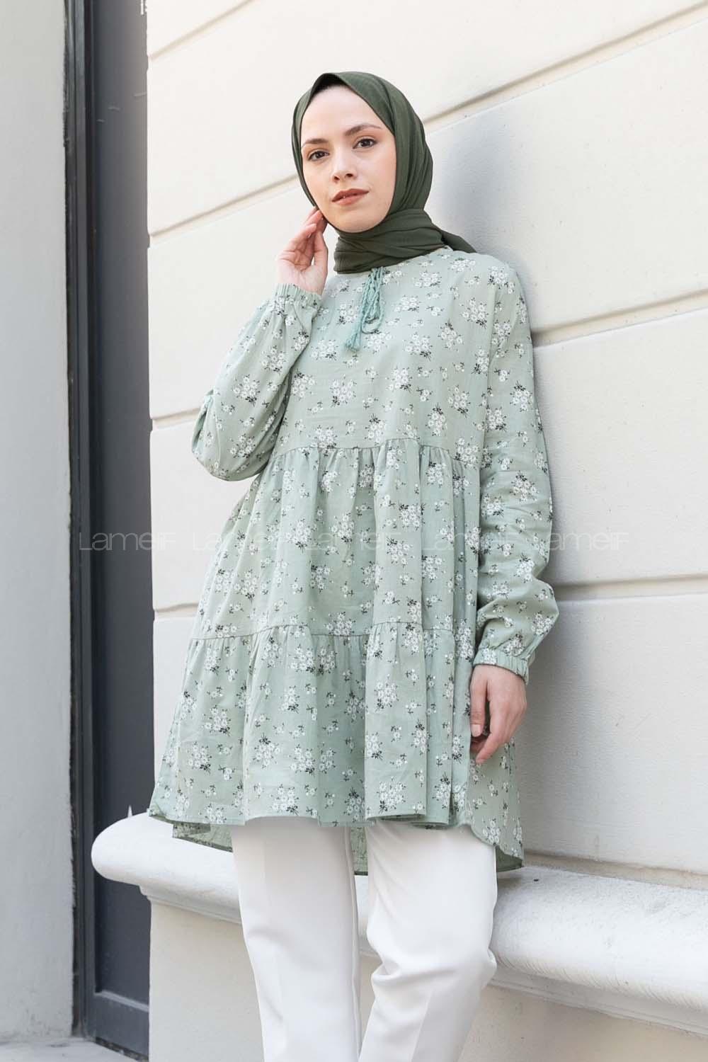 Mint Green Crew Neck Cotton Printed Tunic