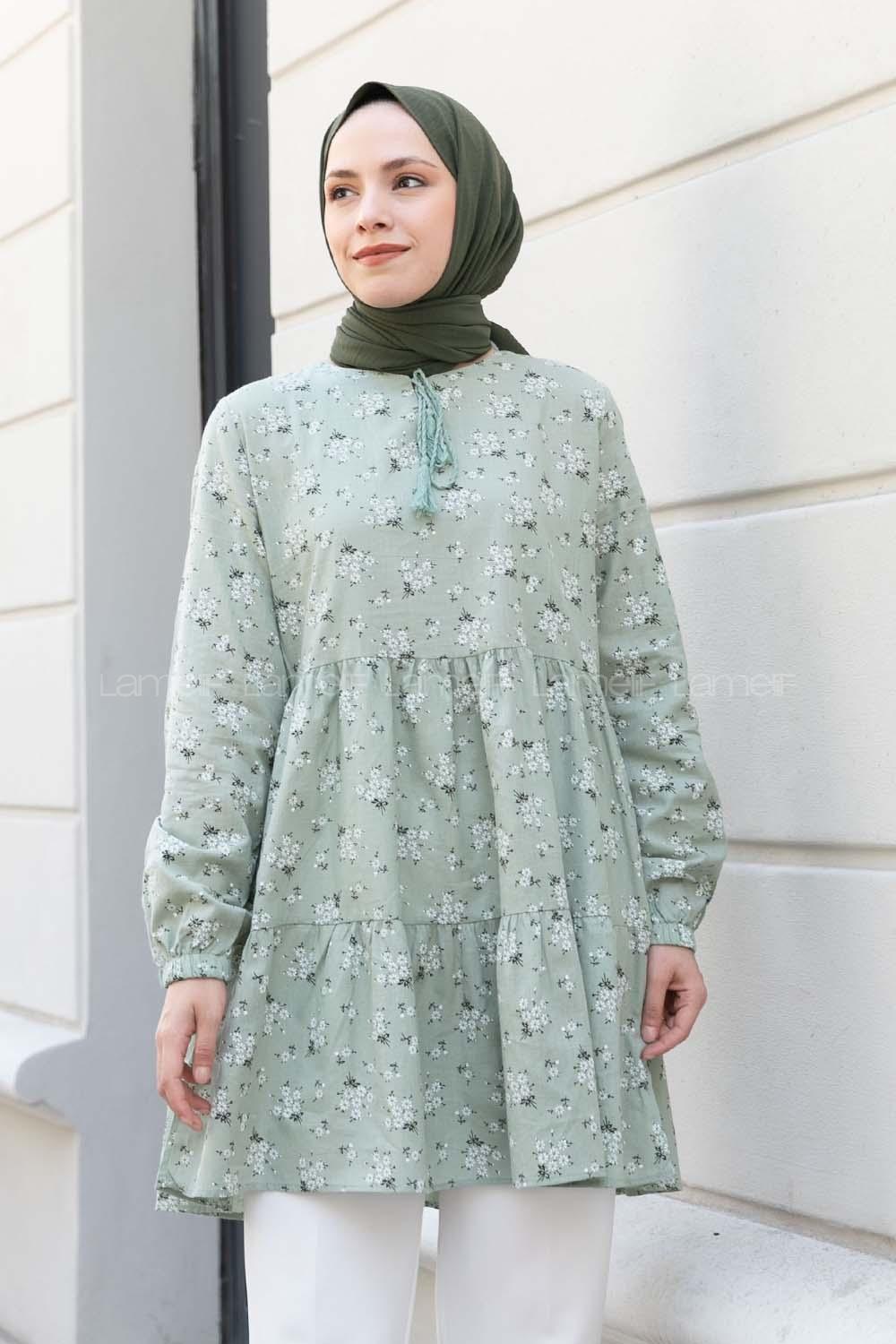 Mint Green Crew Neck Cotton Printed Tunic