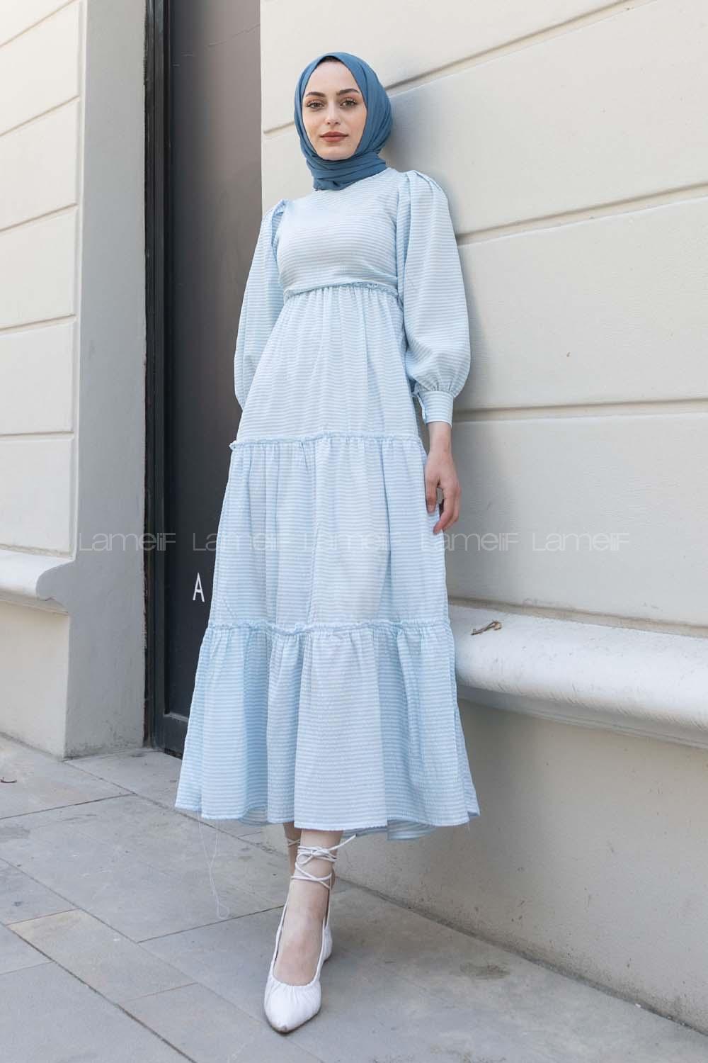 Baby Blue Crew Neck Cotton Fabric Printed Dresess