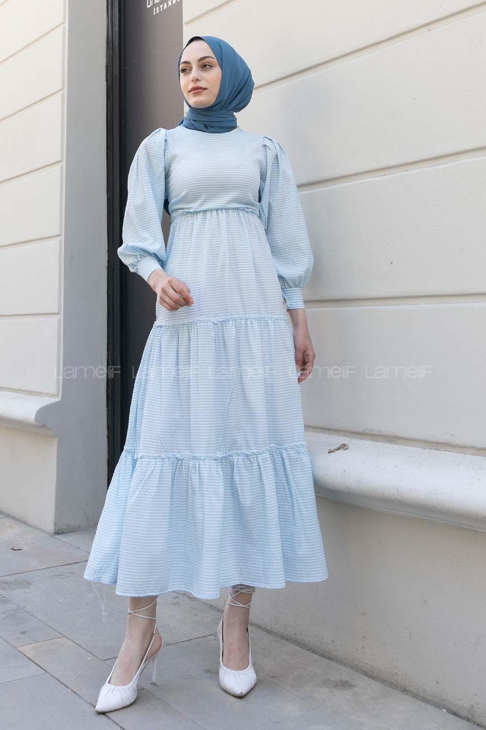 Baby Blue Crew Neck Cotton Fabric Printed Dresess