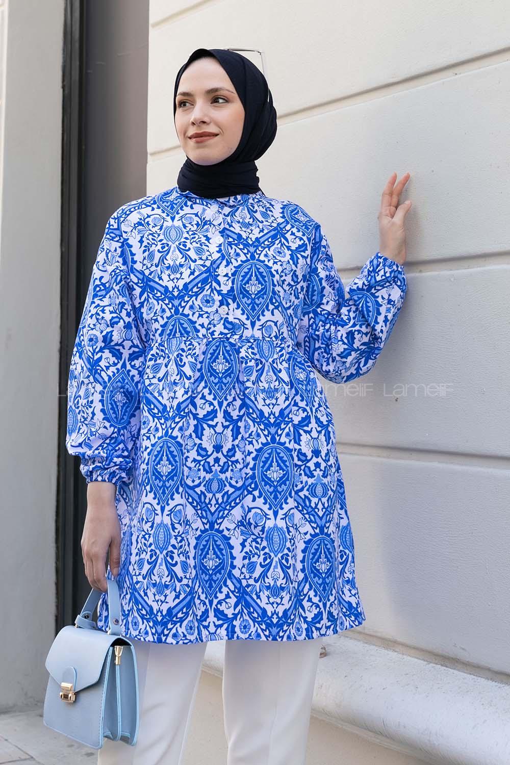 Blue Shirt Collar Cotton Printed Tunic