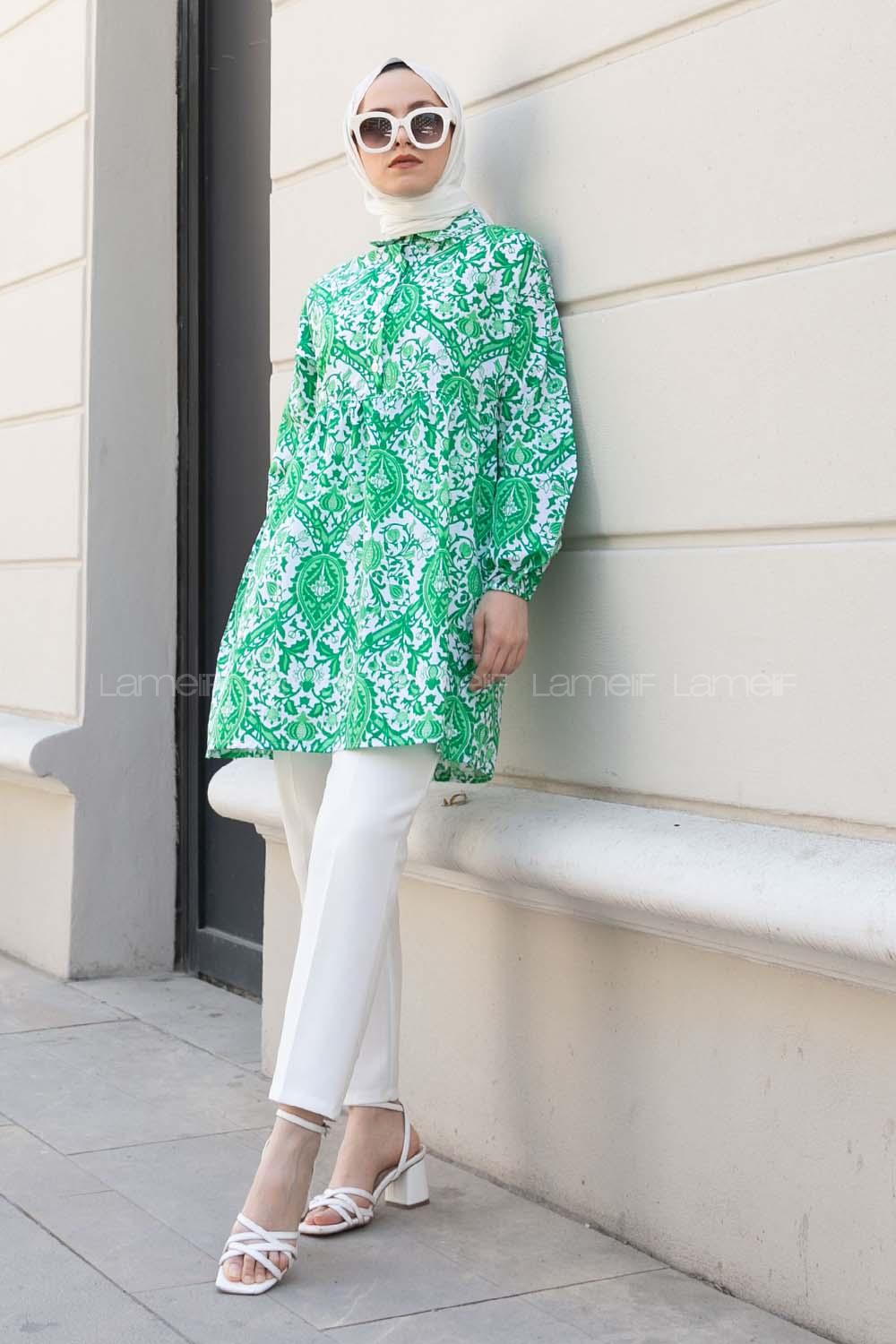 Green Shirt Collar Cotton Printed Tunic