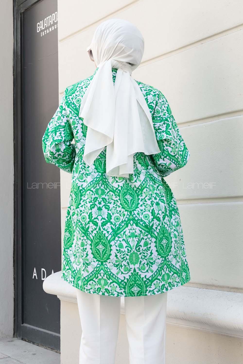 Green Shirt Collar Cotton Printed Tunic
