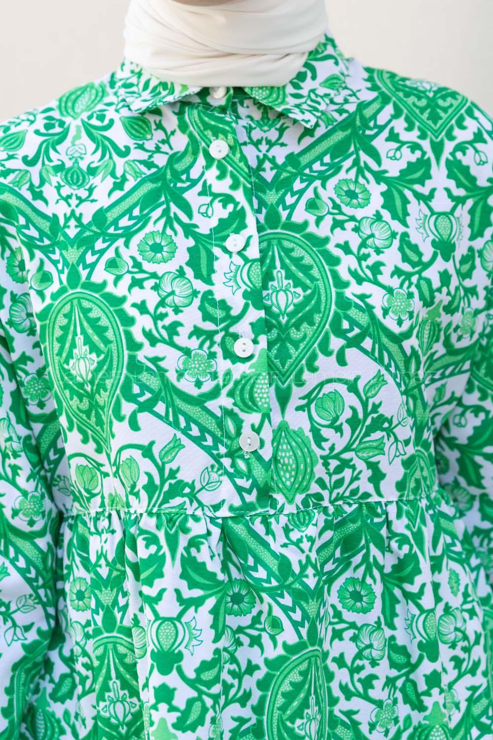 Green Shirt Collar Cotton Printed Tunic