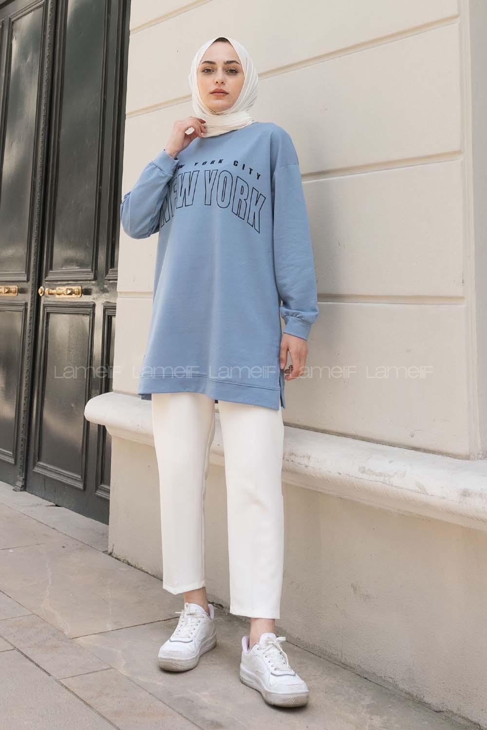 Baby Blue Crew Neck Long Arm Printed Sweatshirt