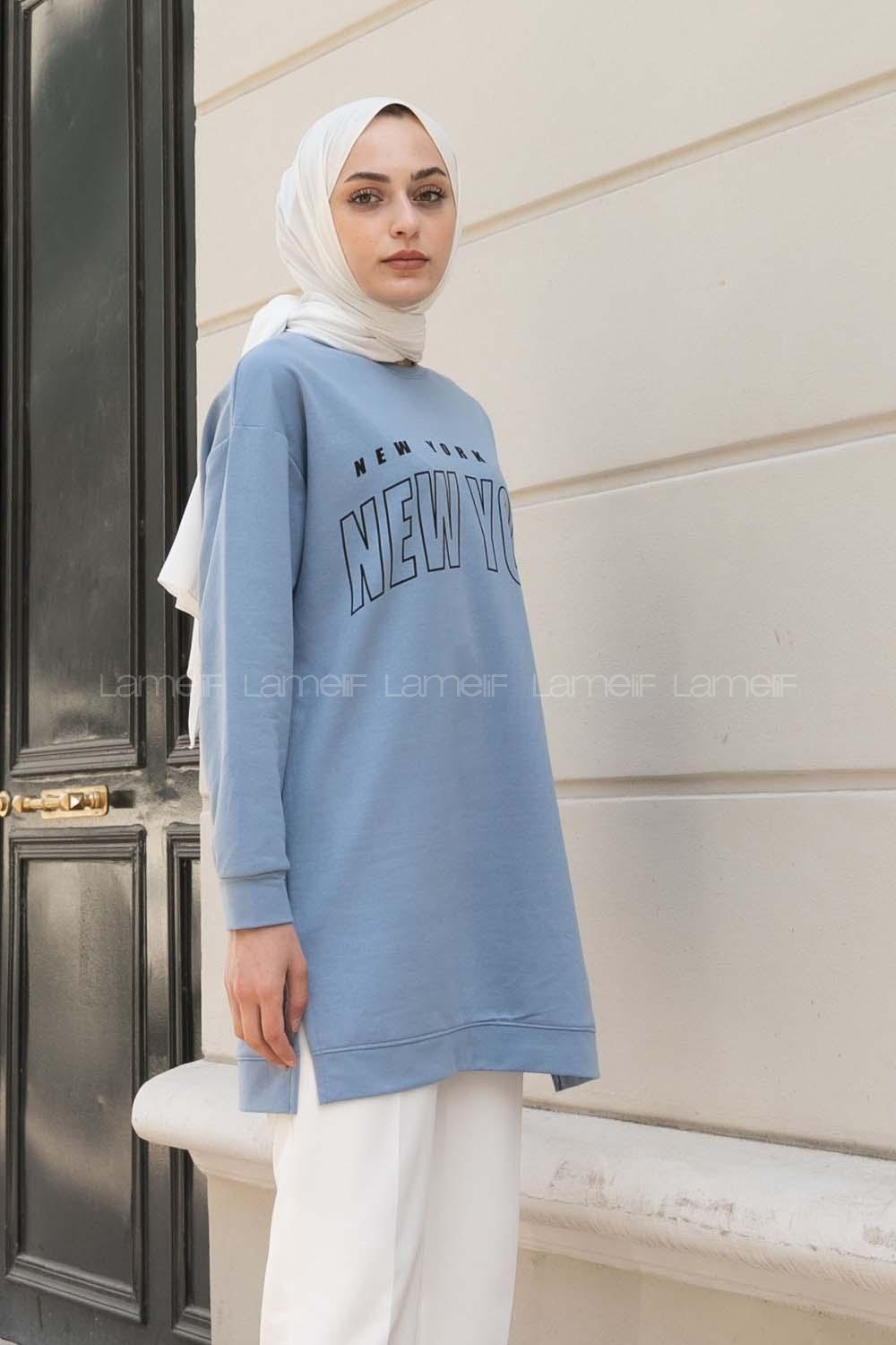Baby Blue Crew Neck Long Arm Printed Sweatshirt