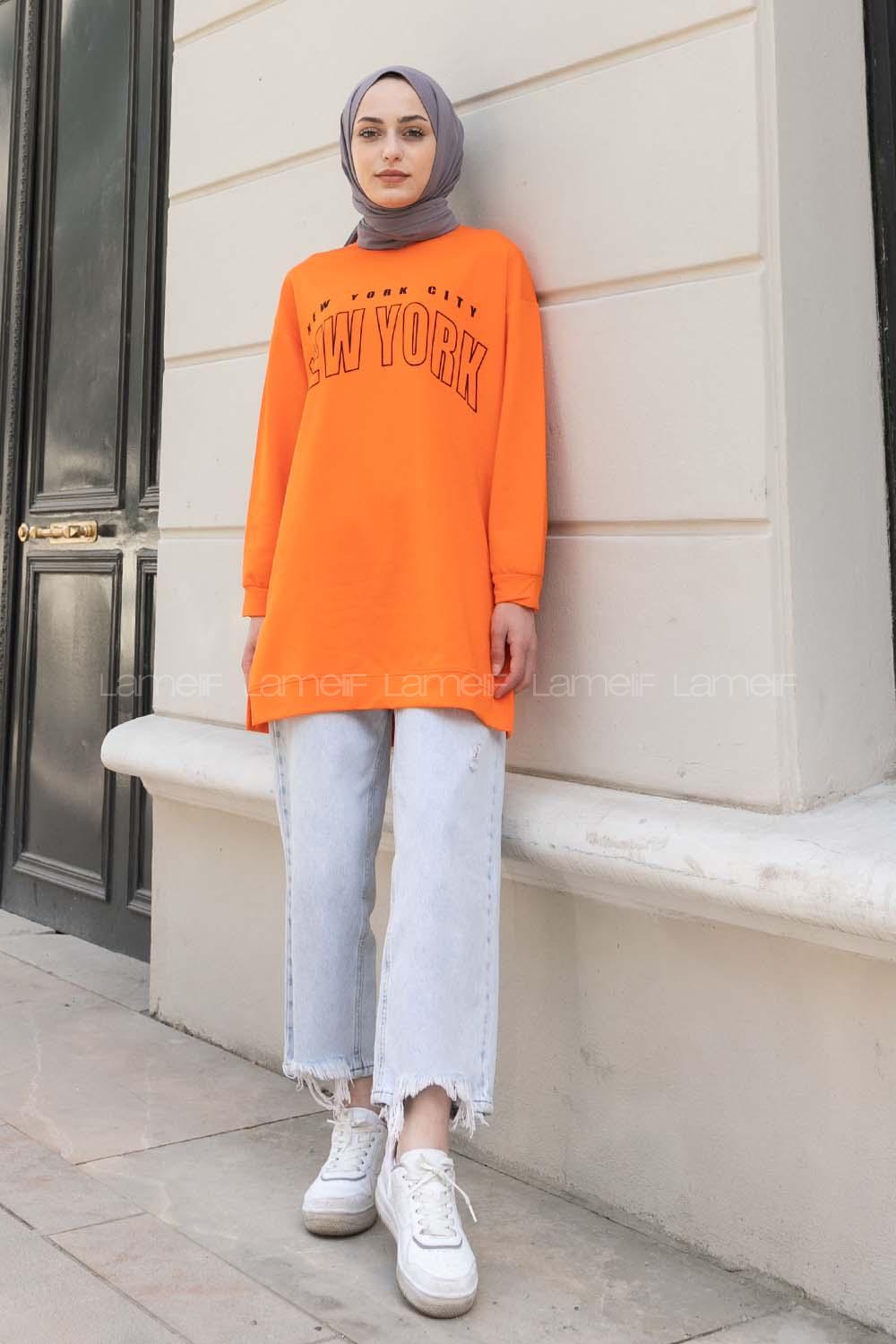 Orange Crew Neck Long Arm Printed Sweatshirt