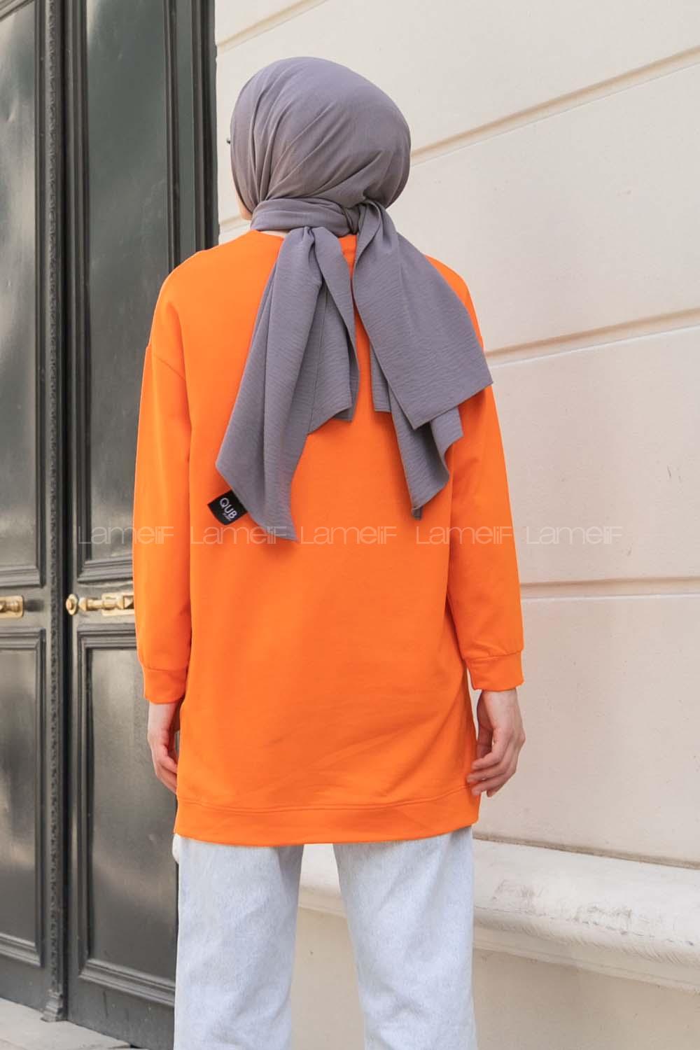 Orange Crew Neck Long Arm Printed Sweatshirt