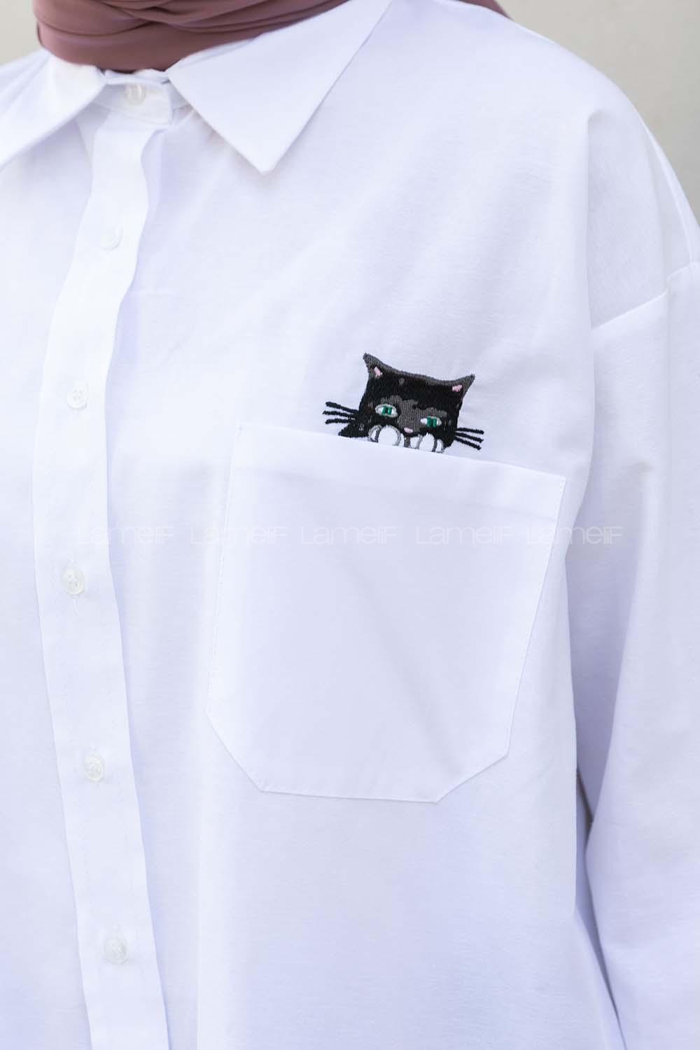Modalamelif Tek Cepli Kedi Nakışlı Önü Kısa Arkası Uzun Gömlek Beyaz