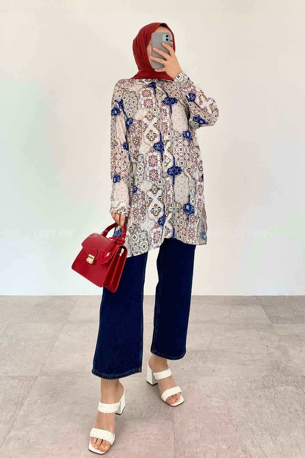 Modalamelif Etnik Desen Dijital Baskı Gömlek Ekru