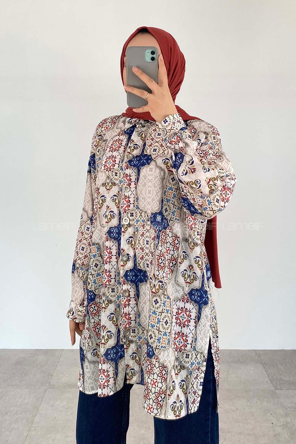 Modalamelif Etnik Desen Dijital Baskı Gömlek Ekru