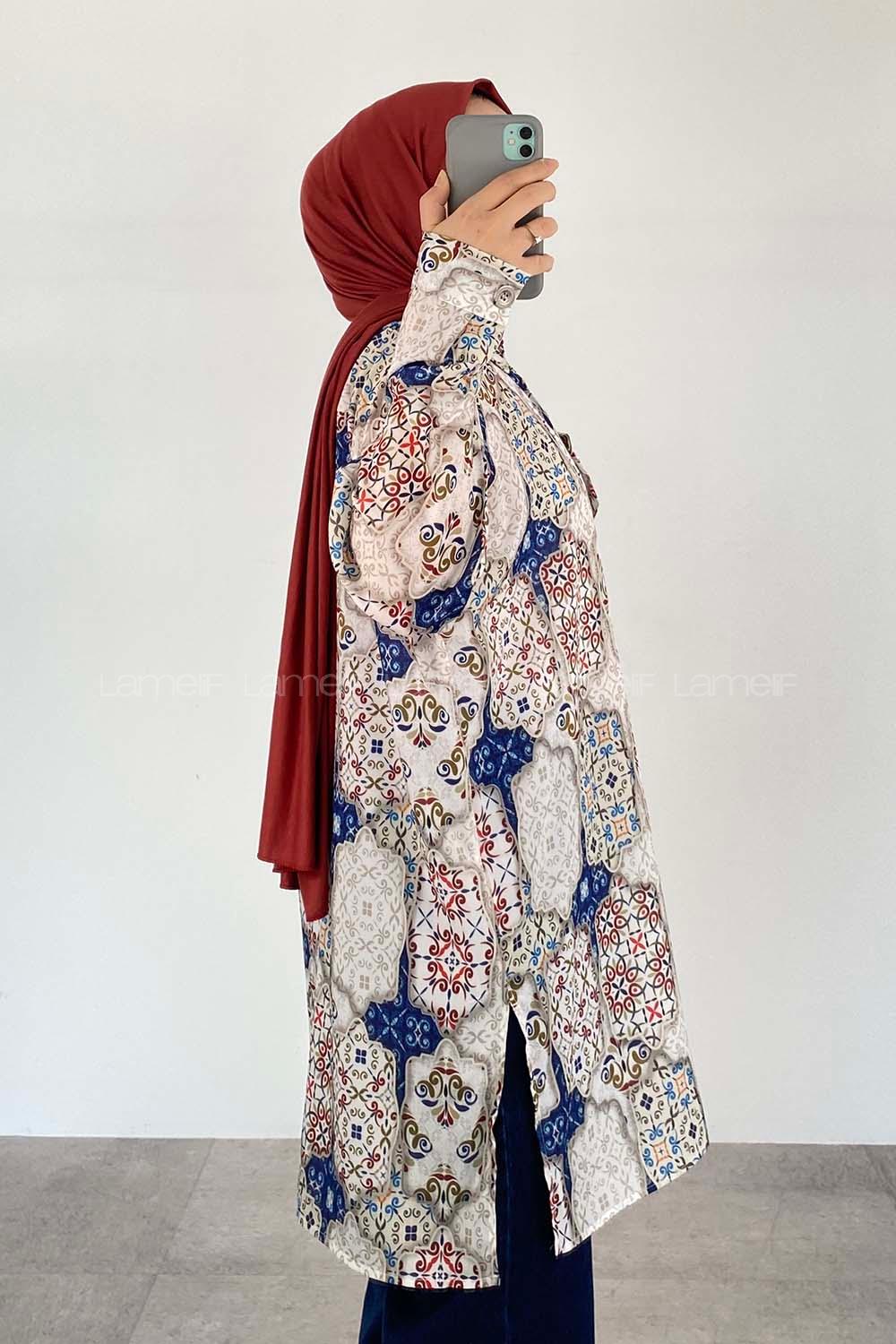 Modalamelif Etnik Desen Dijital Baskı Gömlek Ekru