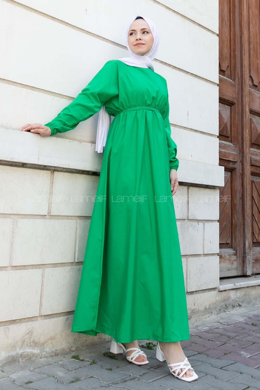 Green Medium Crew Neck Cotton Fabric Unprinted Dresess