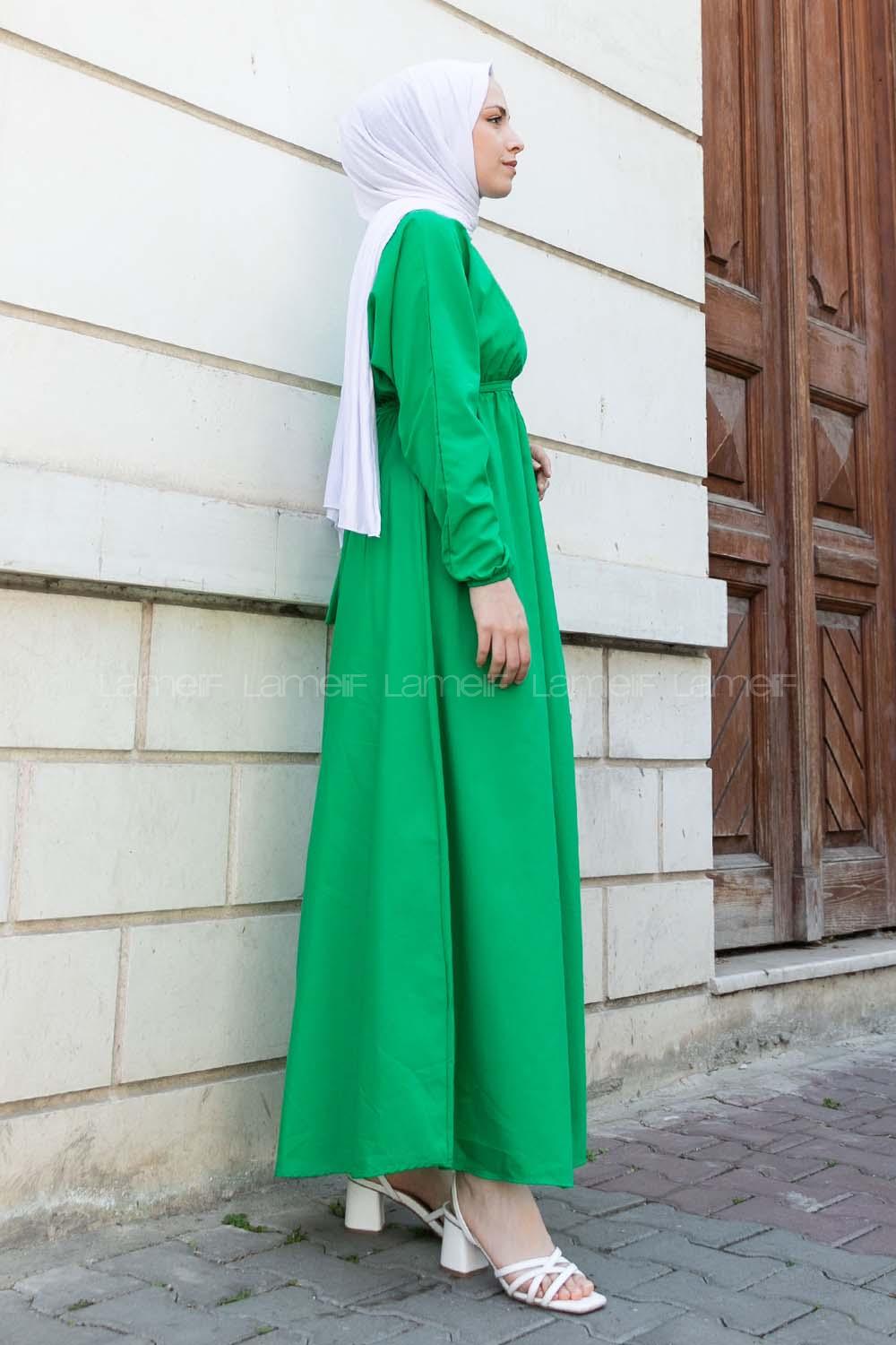 Green Medium Crew Neck Cotton Fabric Unprinted Dresess