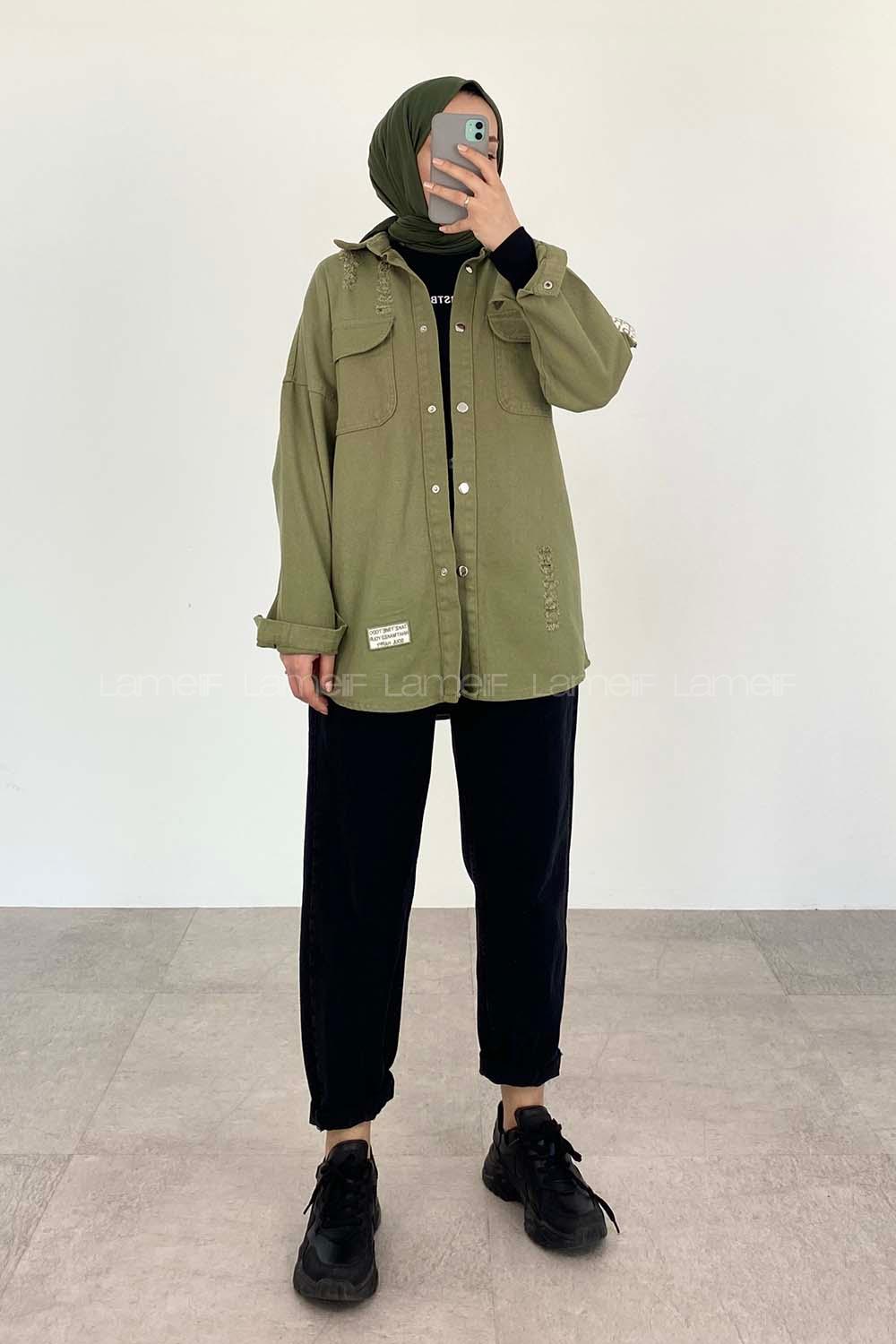 Modalamelif Önü Çıtçıt  Düğmeli Armalı Kot Ceket Haki