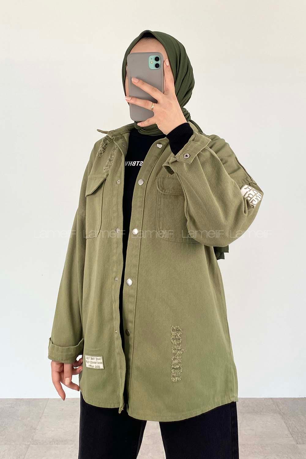 Modalamelif Önü Çıtçıt  Düğmeli Armalı Kot Ceket Haki